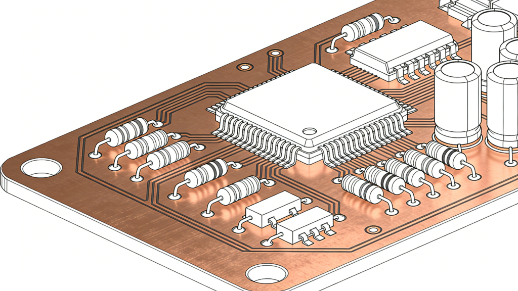 Single-layer PCB structure diagram with one copper layer and component mounting