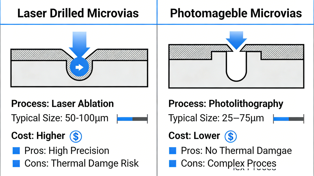 Laser microvia vs photoimageable microvia PCB manufacturing