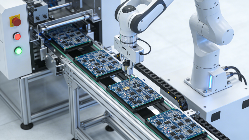 Automated THT PCB assembly robotic system production line