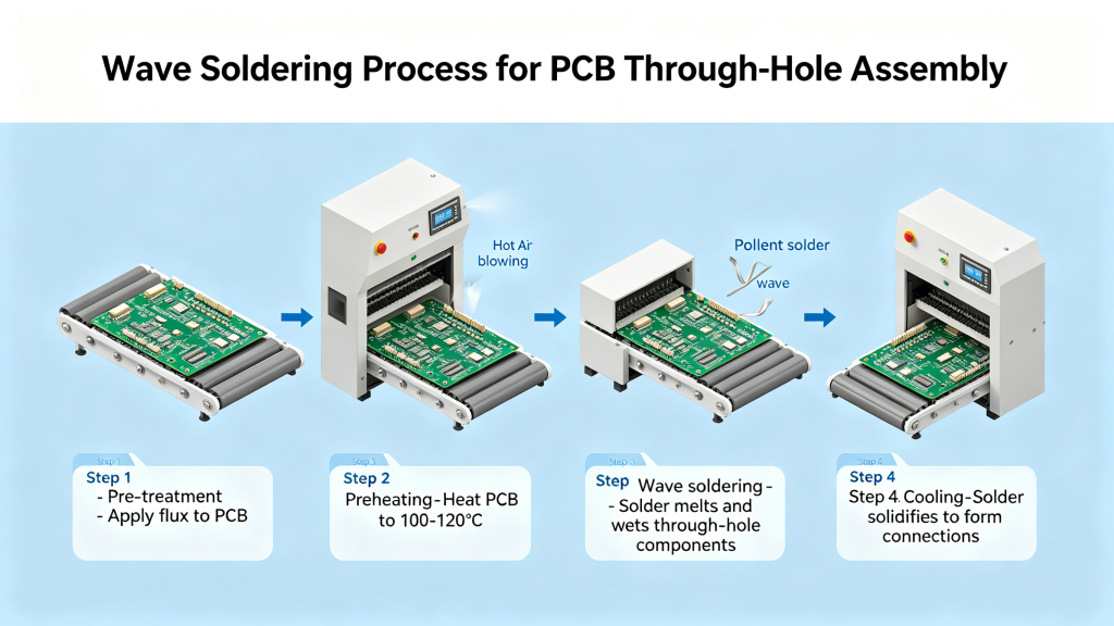 Wave soldering process for PCB through-hole assembly