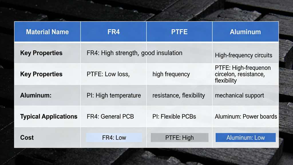 Common PCB substrate materials types FR4 PTFE PI Aluminum