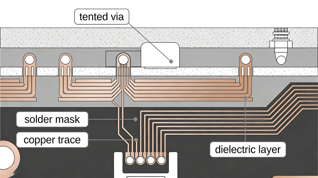 Tented vias PCB cross section structure solder mask protection