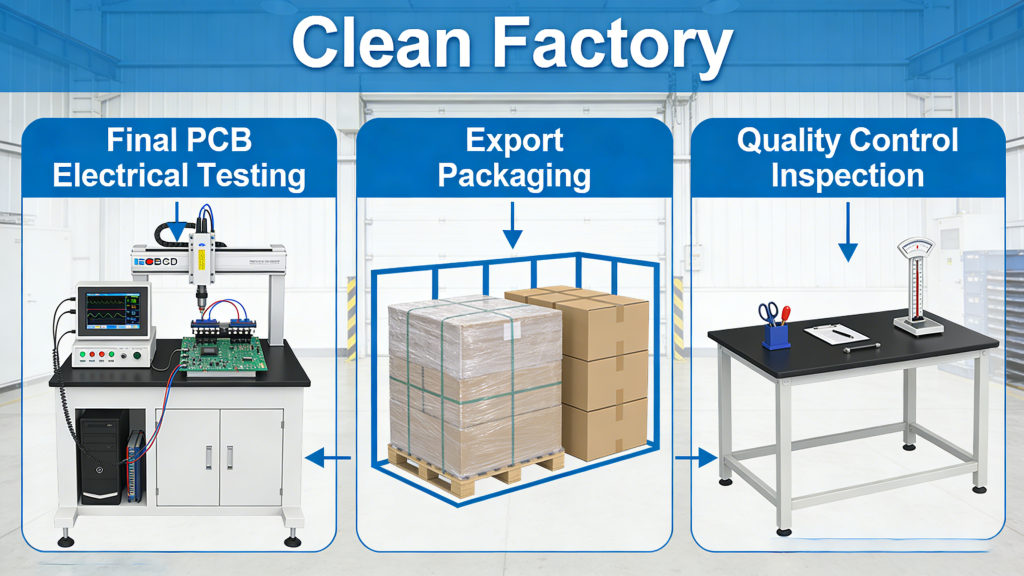 PCB final electrical test and export packaging for fabrication process