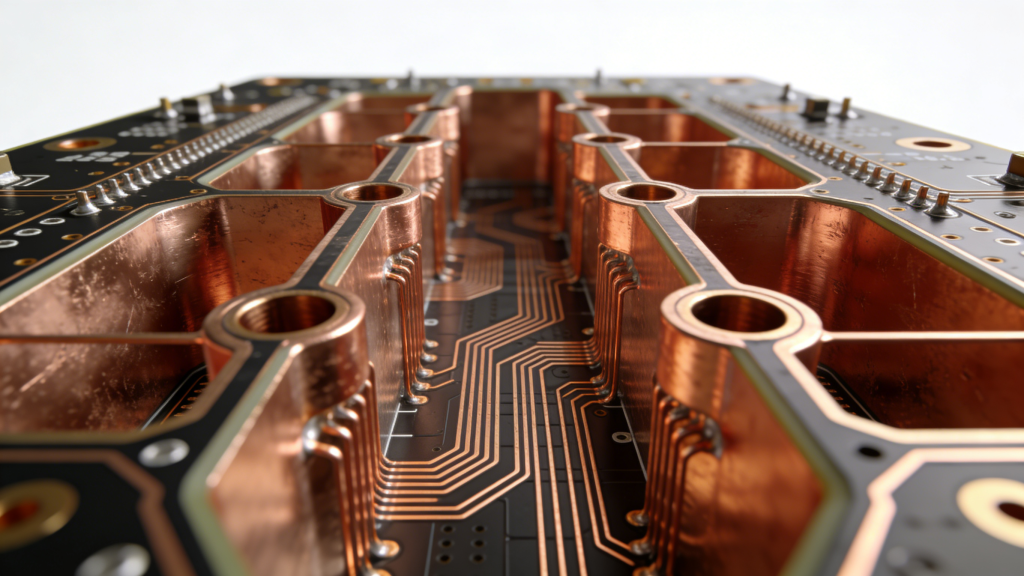3D structure of PCB via showing copper plating and interlayer connections