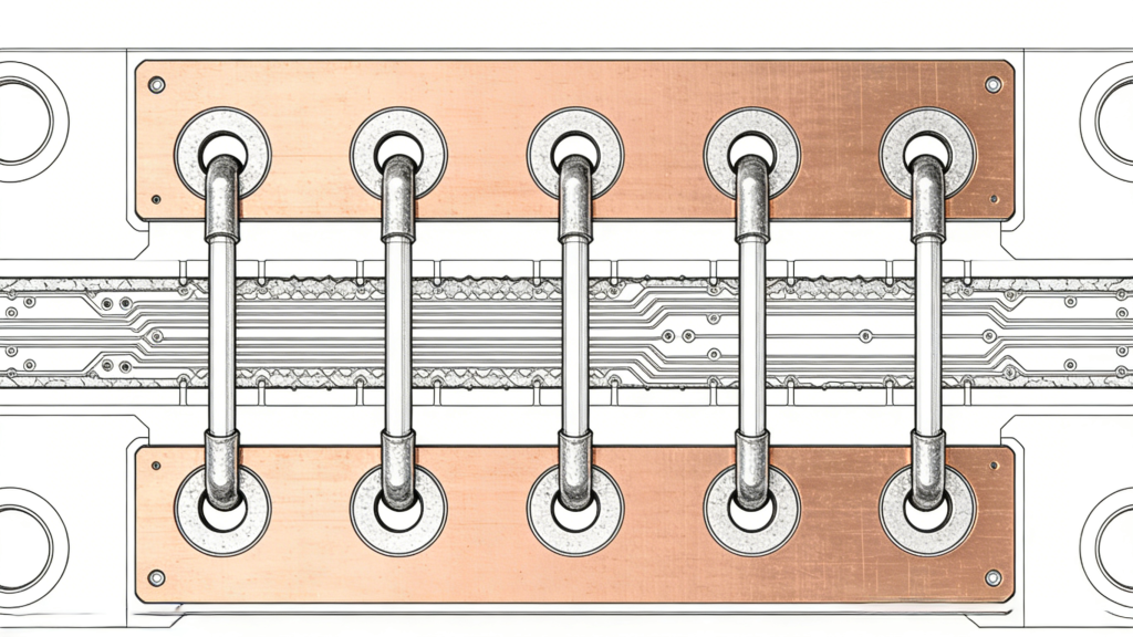Double-sided PCB structure with two copper layers and plated through-hole vias