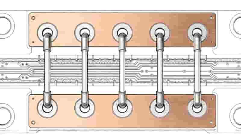 Double-sided PCB structure with two copper layers and plated through-hole vias