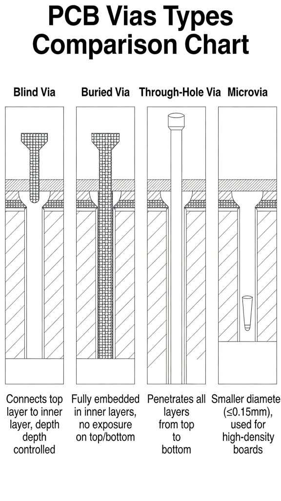 Types of PCB vias diagram blind buried through micro thermal