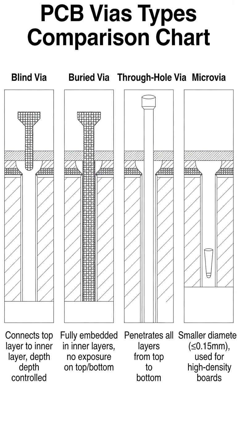 Types of PCB vias diagram blind buried through micro thermal