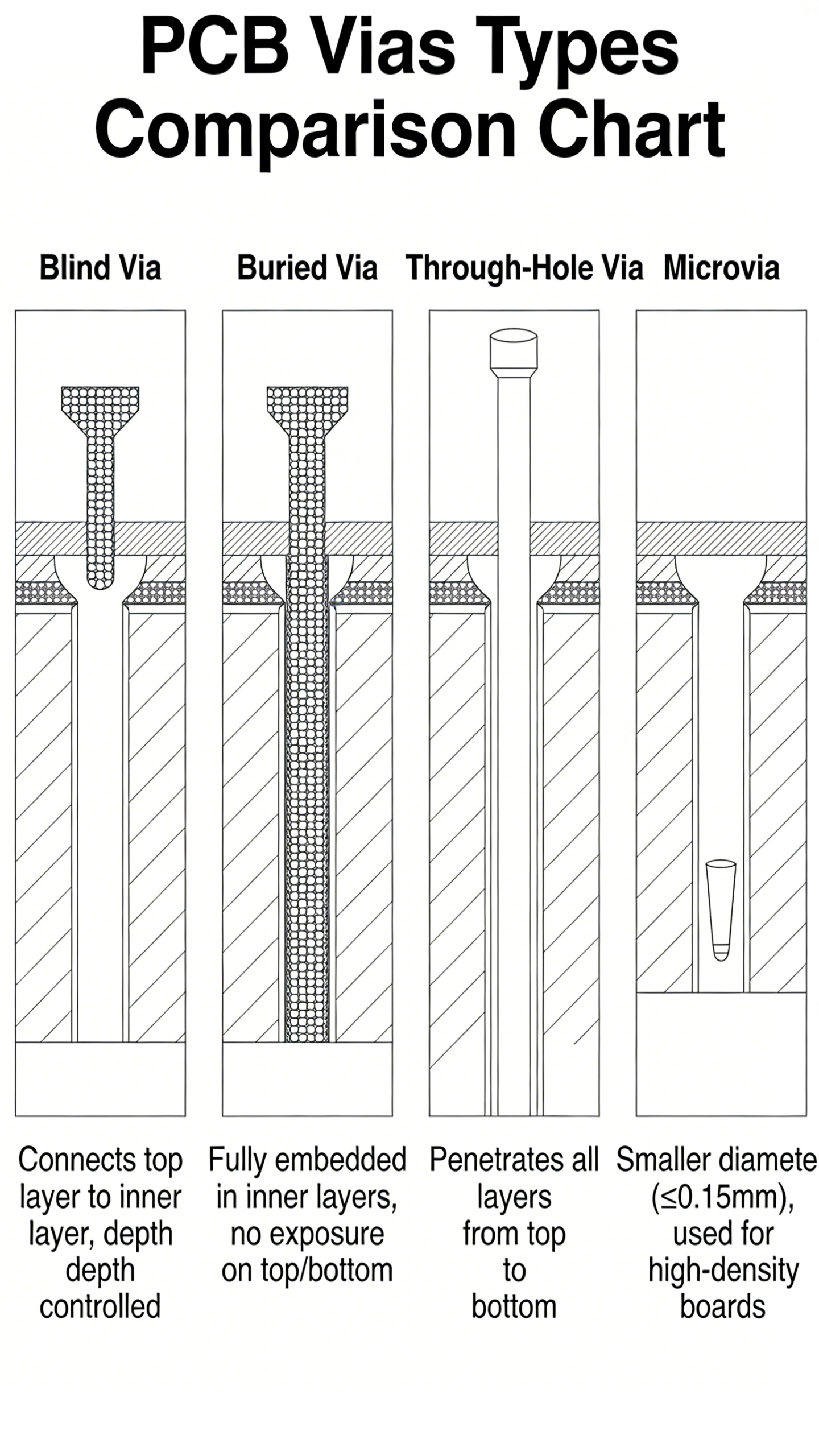 Types of PCB vias diagram blind buried through micro thermal