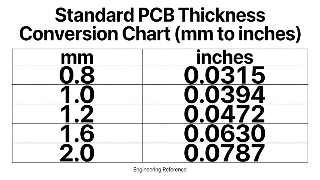 standard PCB thickness chart mm to inches conversion