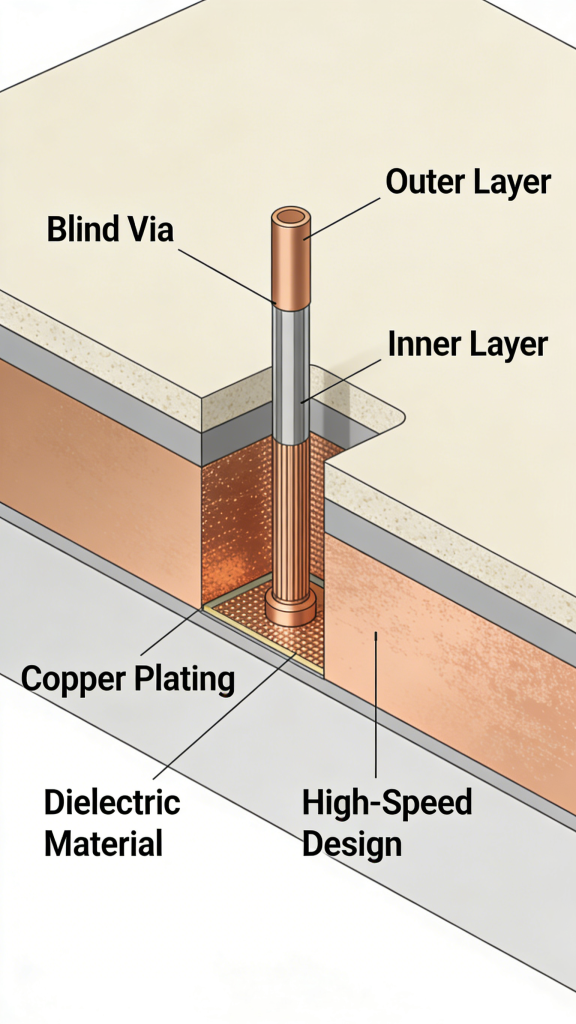 Blind via structure in HDI PCB connecting outer and inner layers