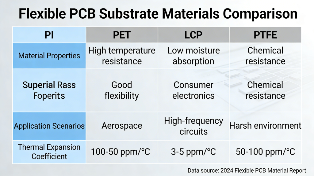 PI PET LCP PTFE flexible PCB substrate materials comparison