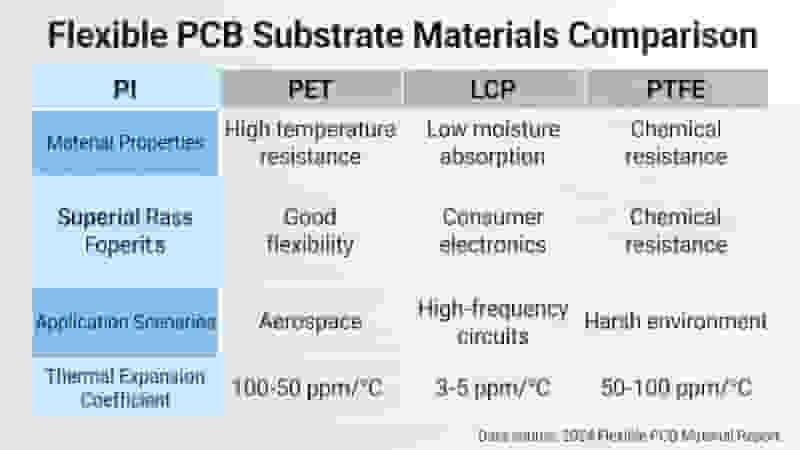 PI PET LCP PTFE flexible PCB substrate materials comparison