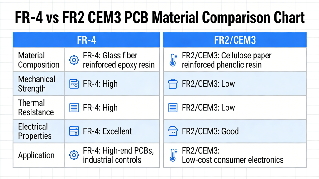 FR-4 vs FR2 CEM3 PCB material comparison chart