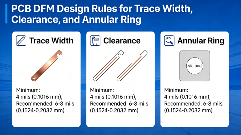 PCB DFM design rules for trace width, clearance, and annular ring