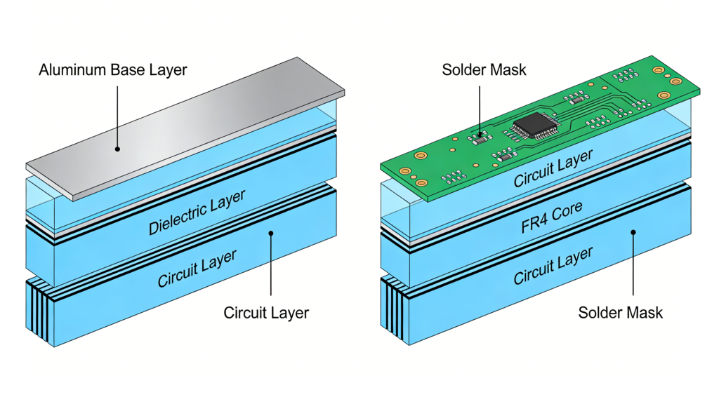 Aluminum PCB three-layer structure and FR4 PCB layer structure comparison
