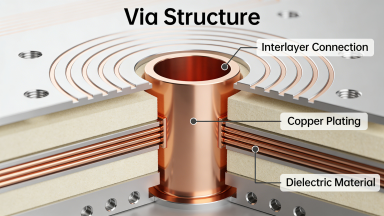 PCB via structure showing interlayer connections in multilayer PCB