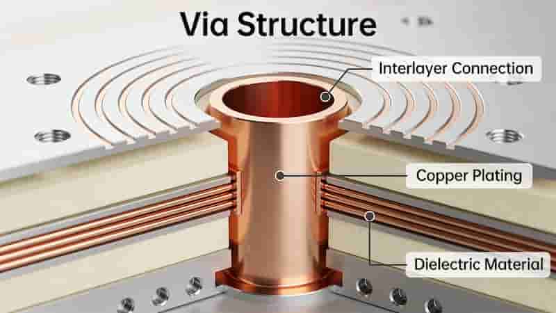 PCB via structure showing interlayer connections in multilayer PCB