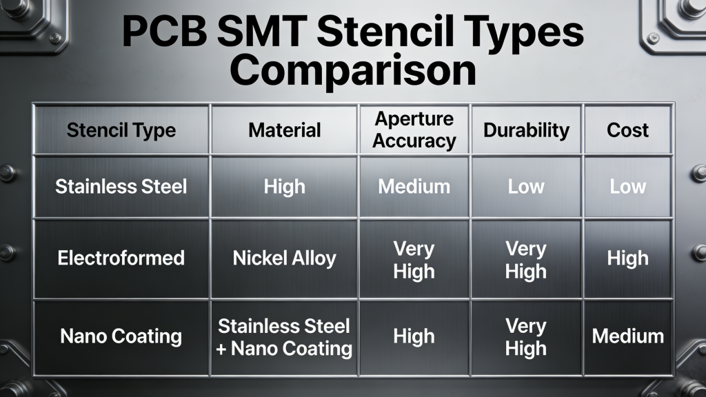Different types of PCB SMT stencils for electronics assembly