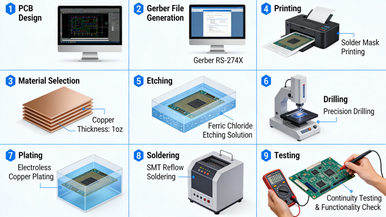 Full PCB manufacturing process from design to finished circuit boards