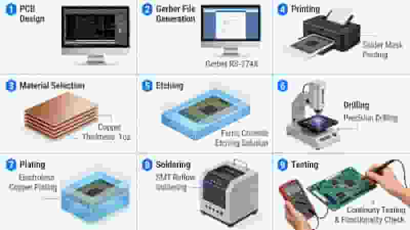 Full PCB manufacturing process from design to finished circuit boards