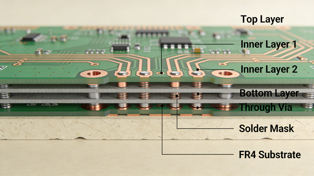 Through via in PCB connecting all layers across full board thickness