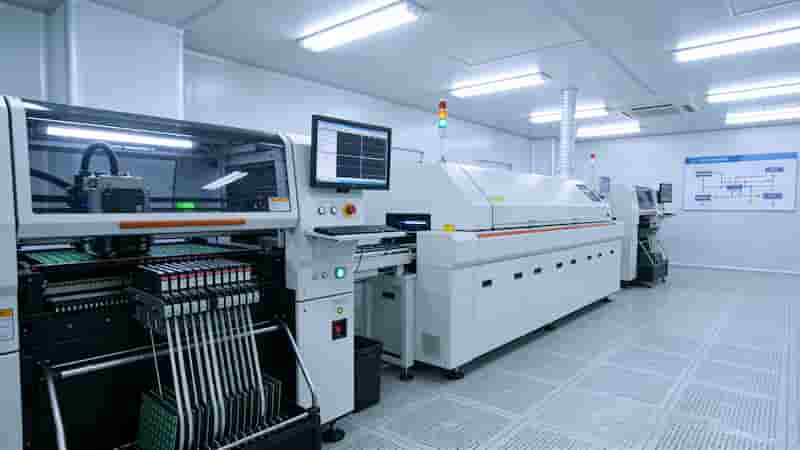 Flex PCB manufacturing line showing etching lamination plating and testing stages