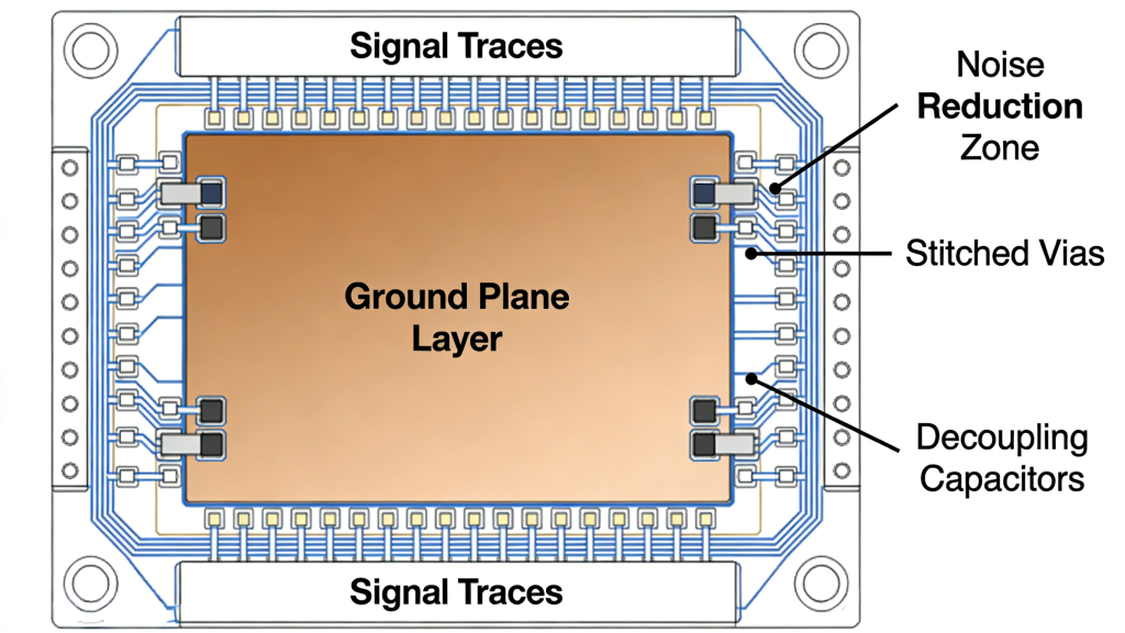 PCB ground plane design for noise reduction and quality