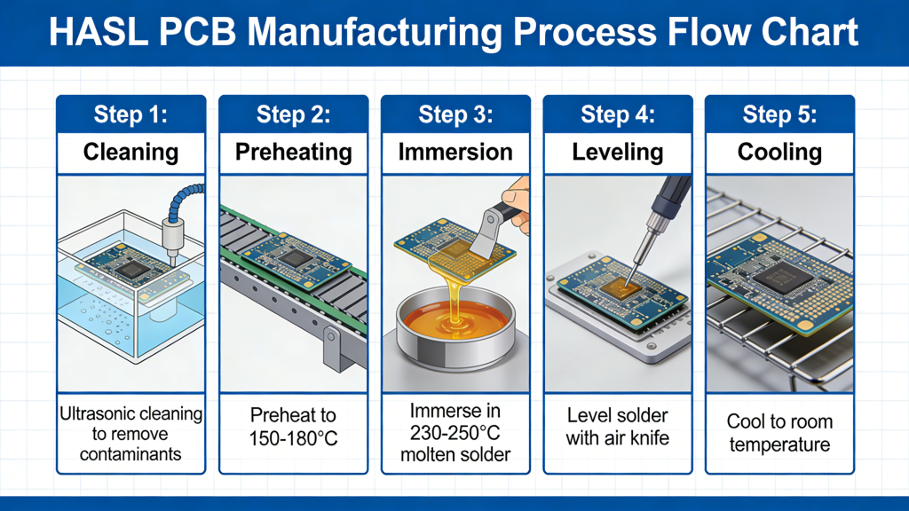 HASL PCB process flow steps cleaning preheating immersion leveling cooling