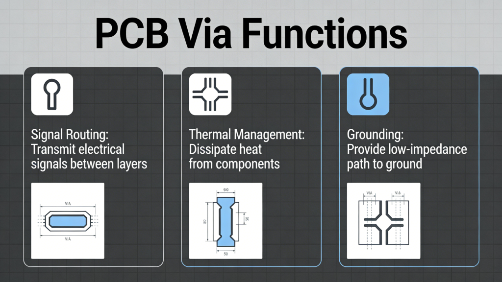 PCB via functions including signal routing, thermal management, and grounding