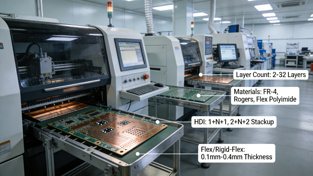 Custom PCB Manufacturing Capabilities Layer Count Materials HDI Flex Rigid-Flex
