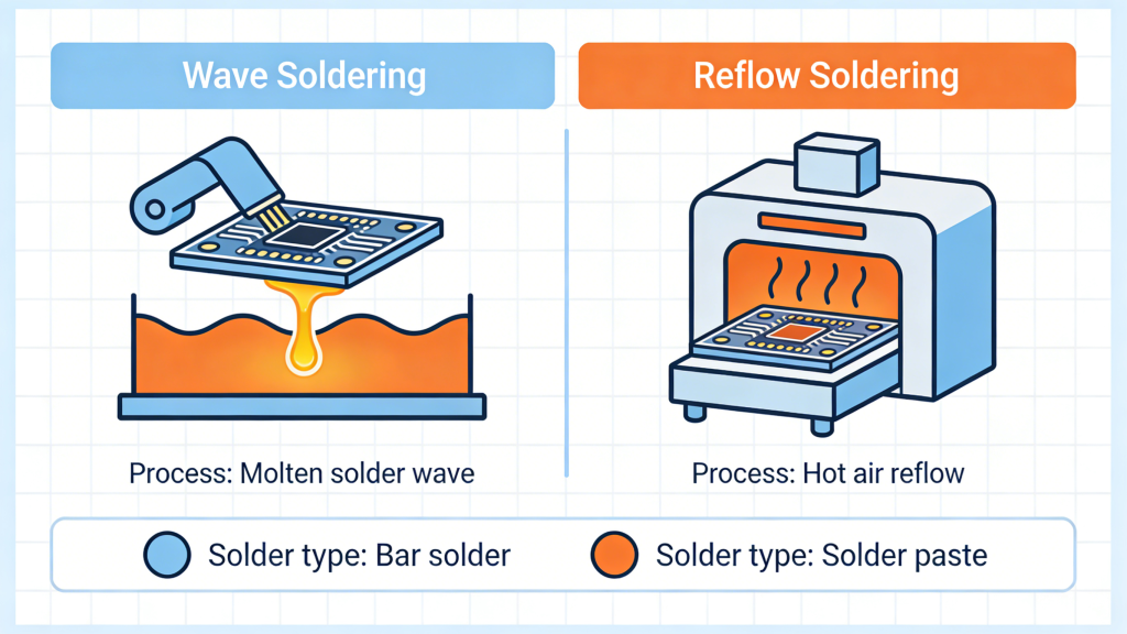 Reflow vs wave soldering comparison for PCB assembly