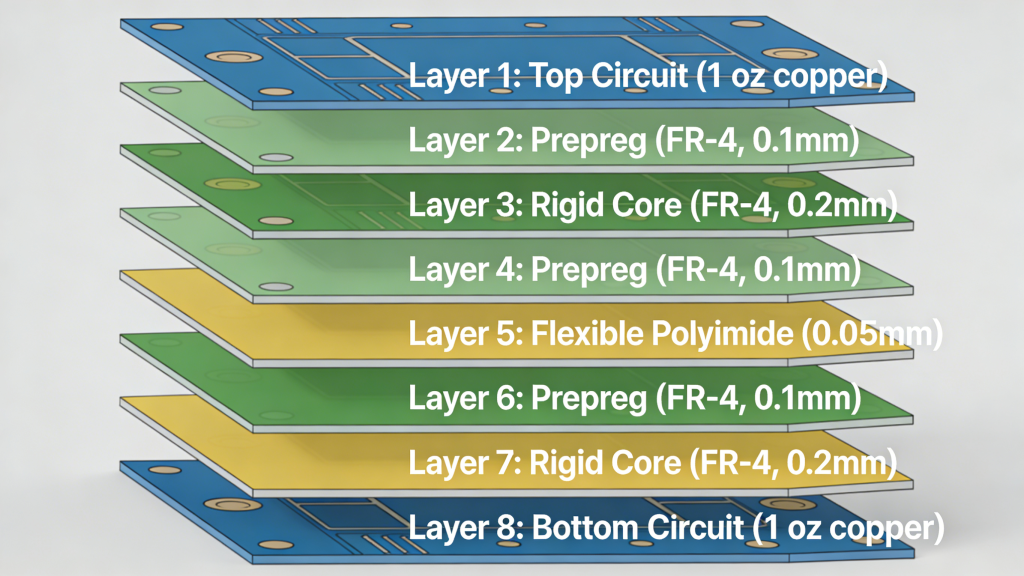 8 layer rigid-flex PCB layer stackup flex core rigid layers