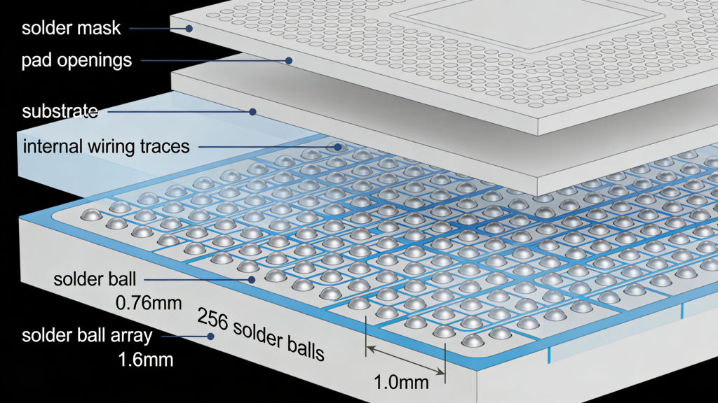 BGA PCB Structure and Solder Ball Array Diagram