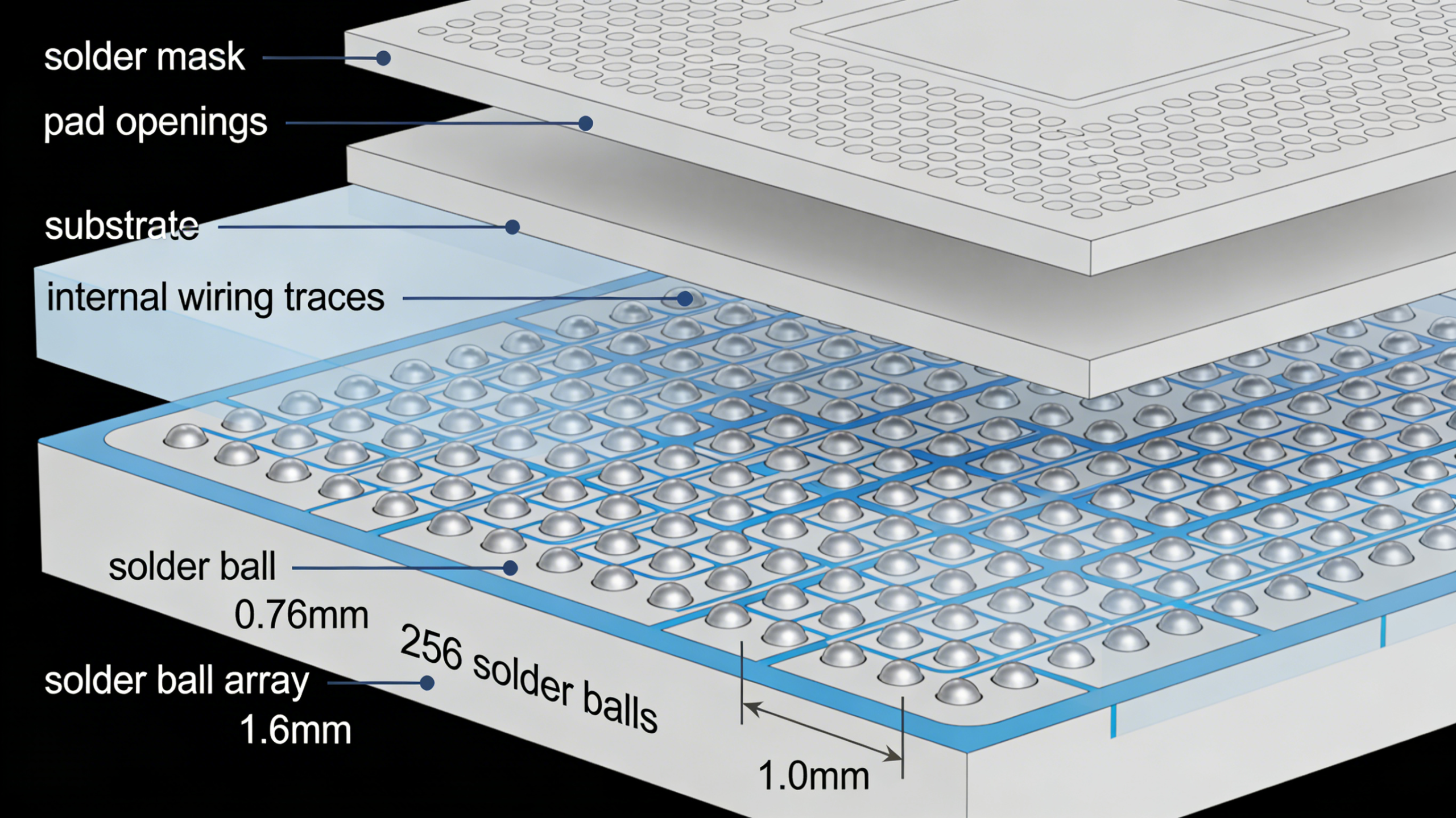 BGA PCB Structure and Solder Ball Array Diagram