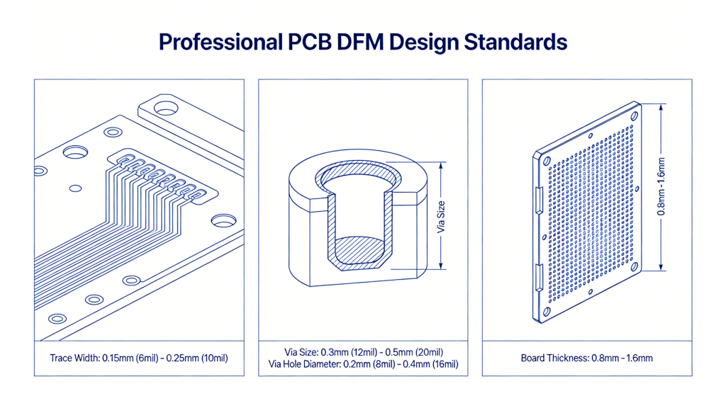 PCB DFM design standards showing trace width, via size, and board thickness