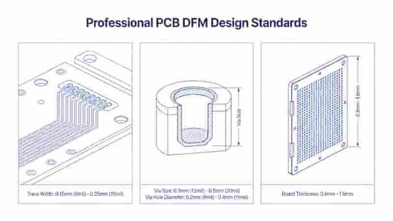 PCB DFM design standards showing trace width, via size, and board thickness