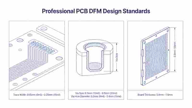 PCB DFM design standards showing trace width, via size, and board thickness