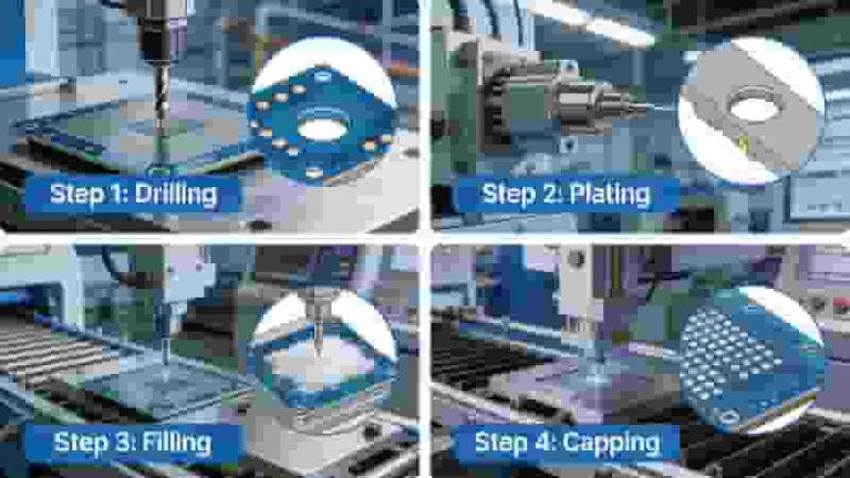 Step-by-step PCB via manufacturing: drilling, plating, filling and capping