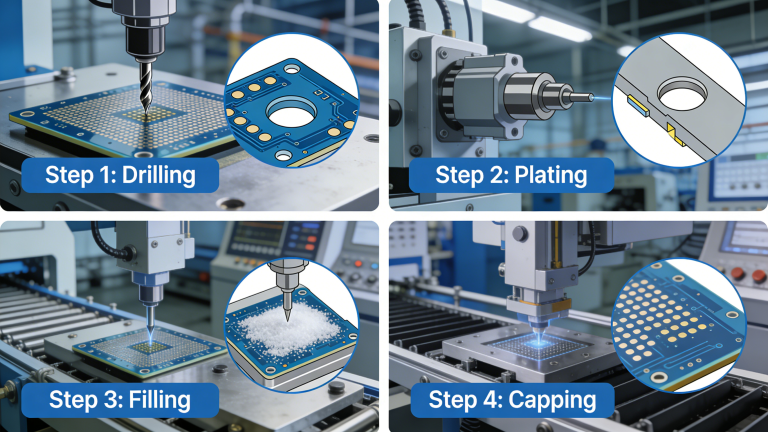 Step-by-step PCB via manufacturing: drilling, plating, filling and capping