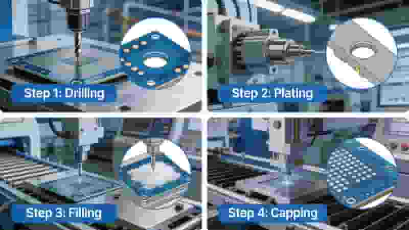 Step-by-step PCB via manufacturing: drilling, plating, filling and capping