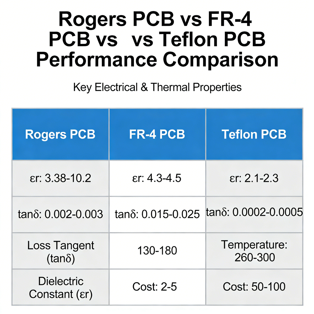 Rogers PCB vs FR4 vs Teflon comparison high frequency performance