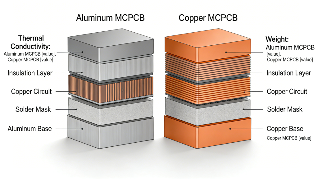 Aluminum vs Copper Metal Core PCB material comparison thermal conductivity