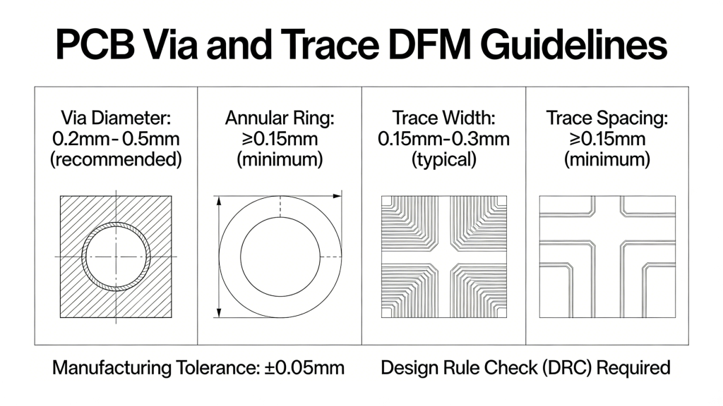 PCB via and trace DFMguidelines showing diameter and annular ring requirements