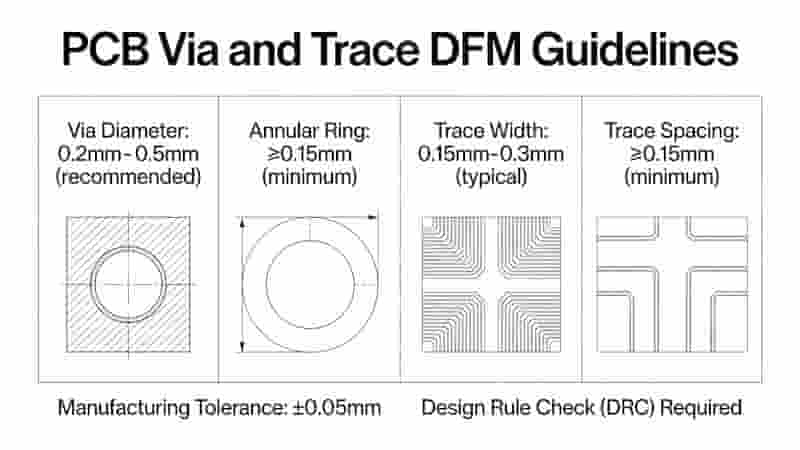 PCB via and trace DFMguidelines showing diameter and annular ring requirements