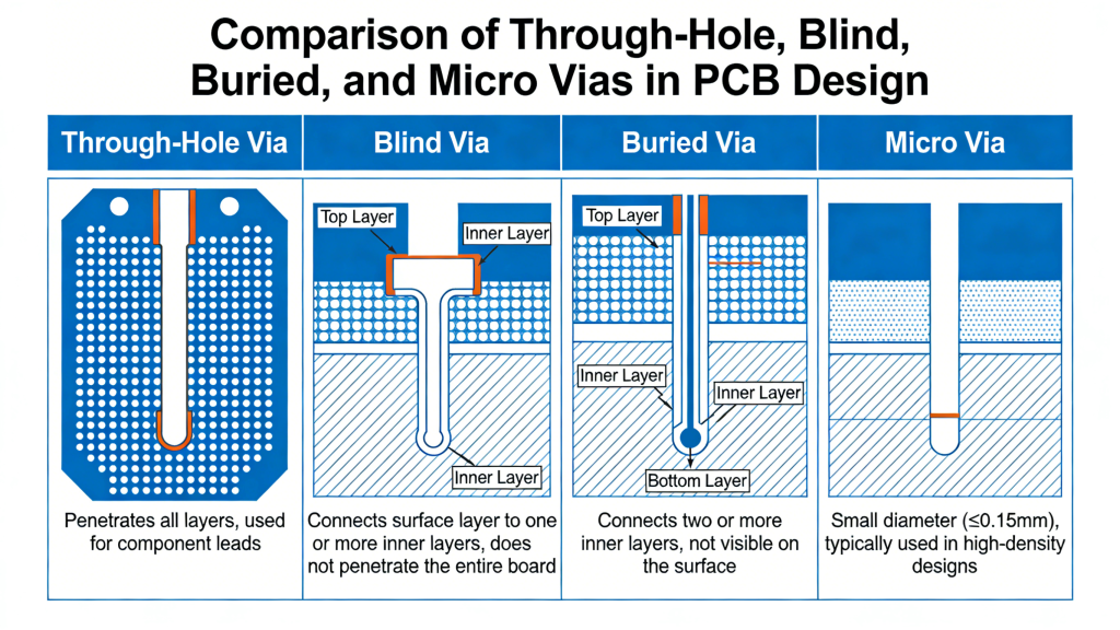 Comparison of through-hole, blind, buried and micro vias in PCB design