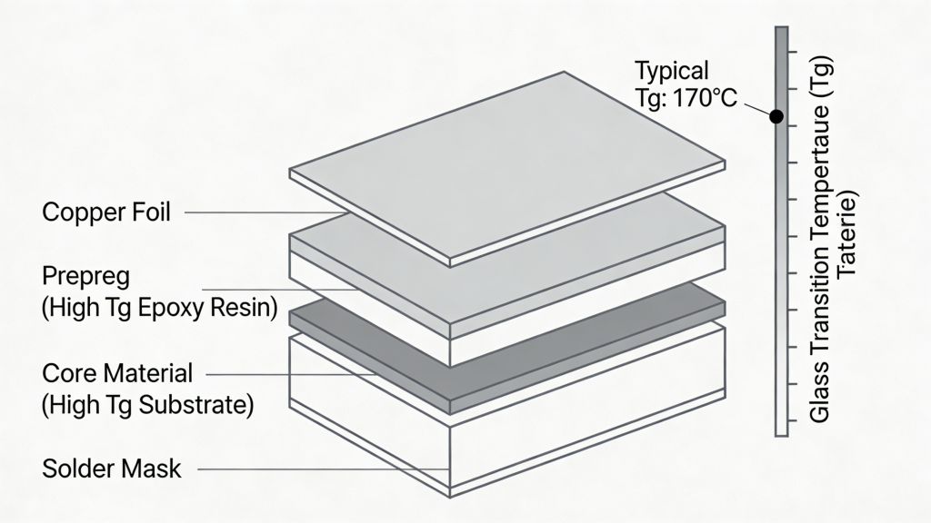 High Tg PCB Material Structure and Glass Transition Temperature Diagram