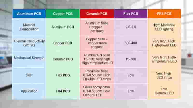 Types of LED PCB aluminum copper ceramic flex FR4