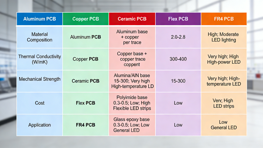 Types of LED PCB aluminum copper ceramic flex FR4