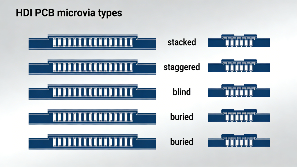 HDI PCB microvia types stacked staggered blind buried